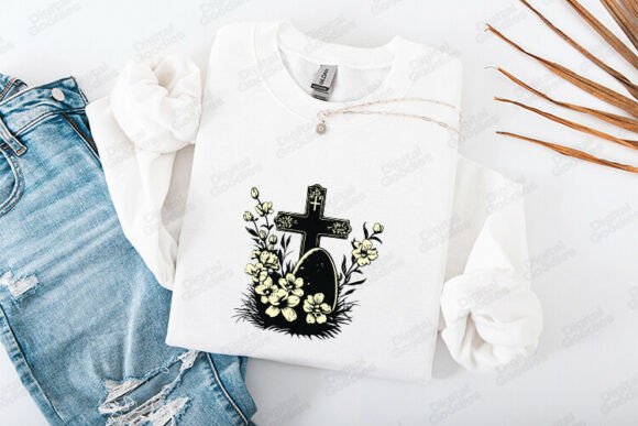 Easter Cross with Flowers Illustration Graphics for T-Shirt Designs